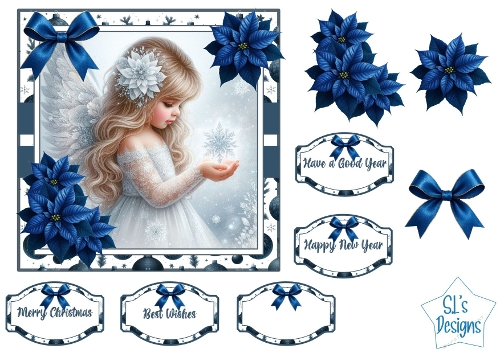 Winter Angel Christmas Topper with Blue Poinsettias, Bows and Sentiment Tags