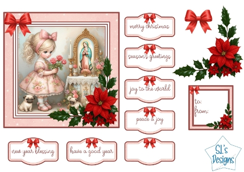 Sweet Christmas Girl Topper with Poinsettias, Holly, Bows and Sentiment Tags