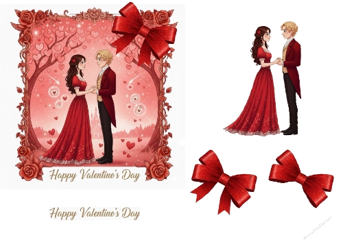 Romantic Valentines Day Couple Frame with Roses and Bows