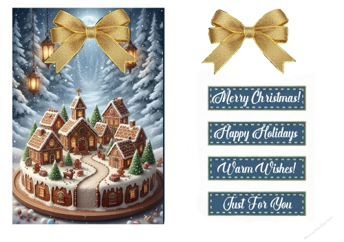 Gingerbread Village Christmas Topper – Magical Winter Scene with Tags & Bows