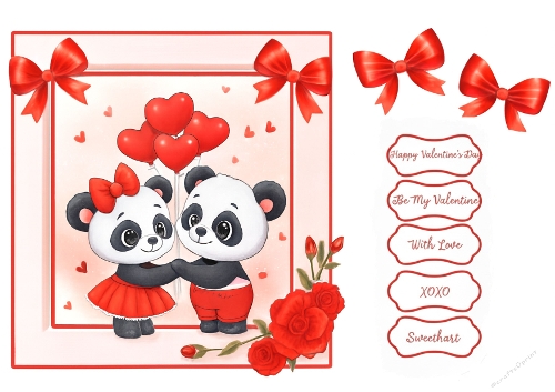 Valentines Day Pandas with Heart Balloons & Romantic Labels