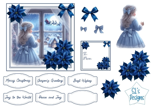 Blue Christmas Window Scene Card Kit, Elegant Girl Looking for Santa, Poinsettias, Bows and Sentiments for Cardmaking