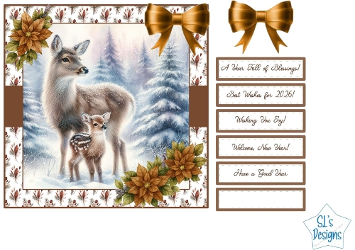 Winter Deer and Fawn Christmas Card Front with Bows and Sentiment Tags