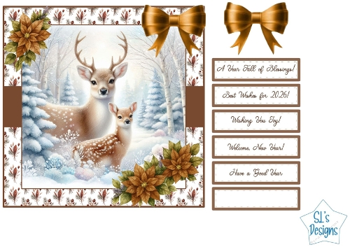Winter Stag and Fawn Christmas Card Front with Bows and Sentiment Panels