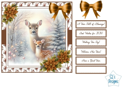 Winter Deer and Fawn Christmas Card Front with Elegant Bows and Sentiment Labels