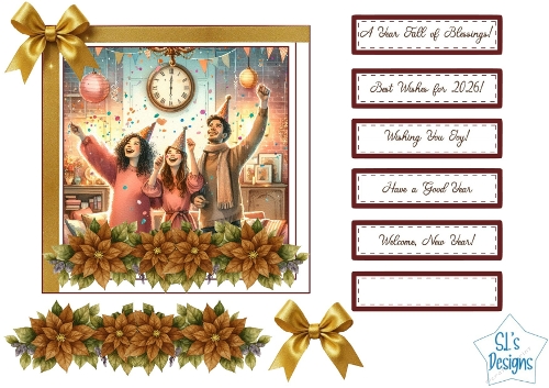 New Year Celebration Card Front and Toppers, Festive Party Scene with Florals, Labels and Golden Bows