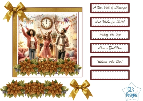 New Year Celebration Card Front with Festive Party Scene, Poinsettias and Gold Bows