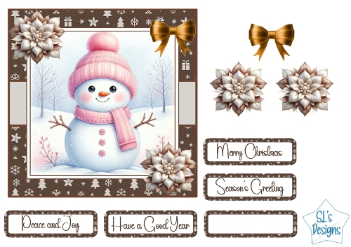 Cute Snowman Christmas Card Front and Toppers, Winter Holiday Printable Craft Sheet