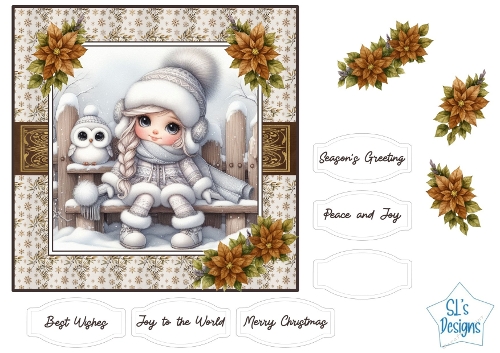 Cute Winter Girl with Owl, Christmas Card Front and Toppers, Poinsettia Floral, Printable Cardmaking Sheet