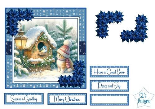 Winter Kitty and Birdhouse Blue Poinsettia Christmas Card Topper, Cute Snowy Scene Printable