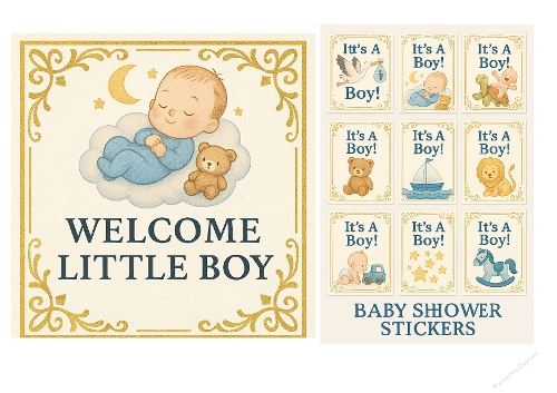 Elegant Baby Boy Birth Card & Sticker Sheet – Blue & Gold Theme