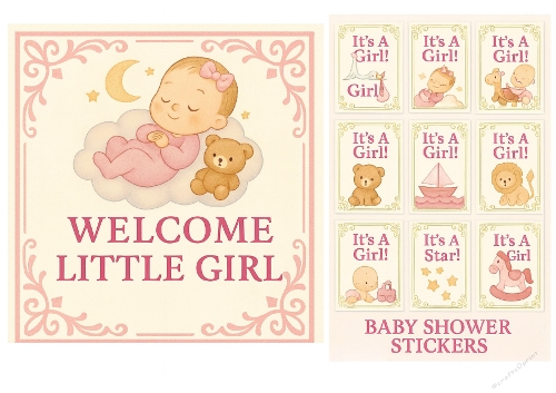  Welcome Little Girl Baby Shower Card & Sticker Set