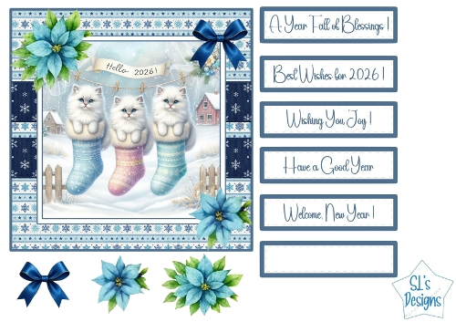 Adorable Winter Kittens in Christmas Stockings Card Topper, Cute New Year 2026 Printable, Blue Snowflake Holiday Craft Sheet