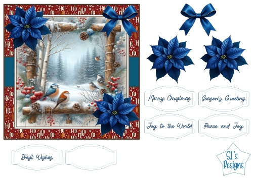 Winter Birds in Snowy Forest Frame, Christmas Card Topper Printable with Blue Poinsettias and Sentiments