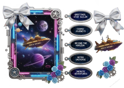 Retro Space Adventure Card & Tags – Golden Spaceship Galaxy Set