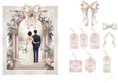 Elegant Wedding Couple Card & Tags – Floral Arch Celebration Set
