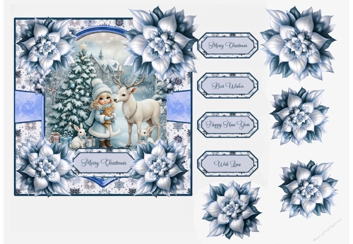 Winter Wonderland Girl & Reindeer Card Topper with Blue Poinsettias – Christmas Printable Sheet
