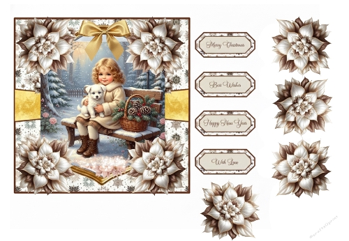 Vintage Winter Girl with Puppy Card Topper – Beige & Gold Christmas Printable Sheet