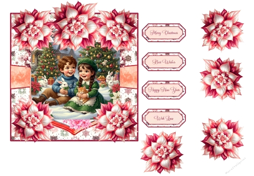 Vintage Christmas Card Topper Kit – Cute Children with Pets, Festive Flowers & Sentiment Labels