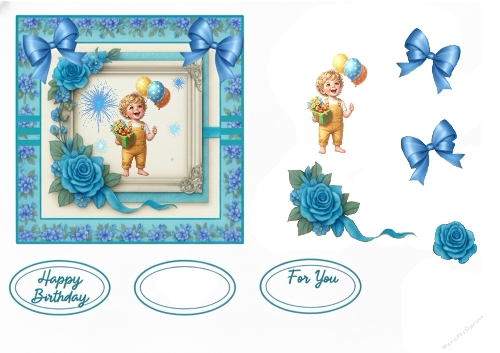 Blue Floral Birthday Frame with Child and Balloons