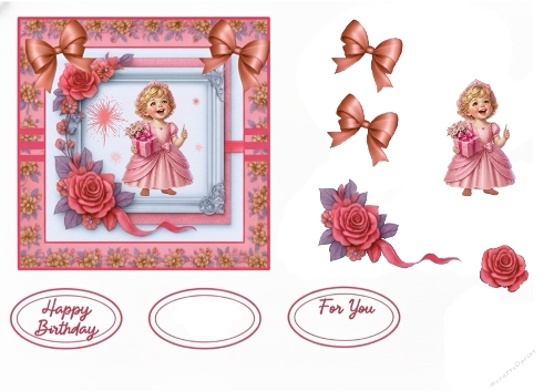 Elegant Blue Birthday Card Topper with Child and Roses