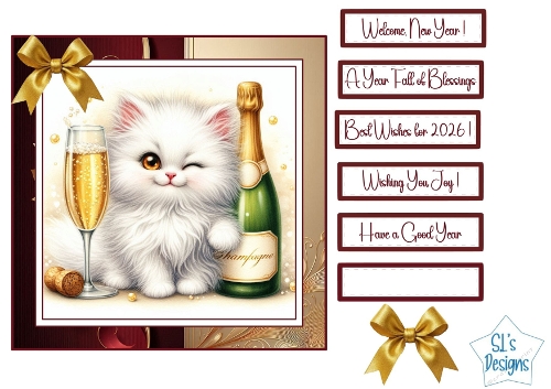 Cute New Year Kitten Card Front with Champagne, Gold Bows and Sentiment Tags