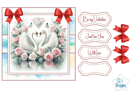 Romantic Valentine Swans Card Front with Roses, Bows and Sentiments