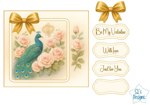 Elegant Peacock & Roses Vintage Valentine Topper with Sentiment Tags