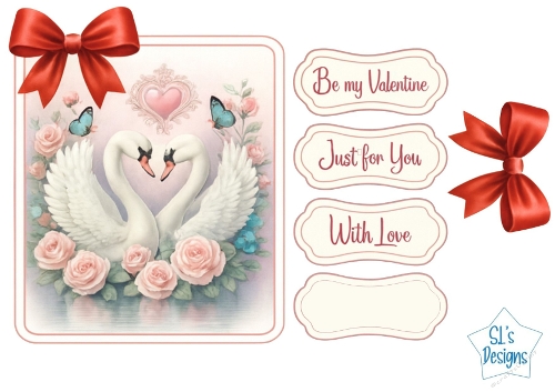 Romantic Swan Couple Valentine Topper with Roses & Red Bows