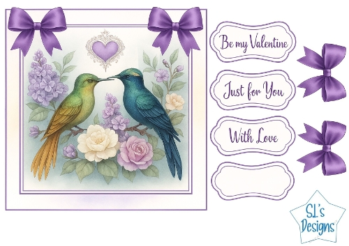 Romantic Birds of Paradise Valentine Card Front with Sentiments and Purple Bows