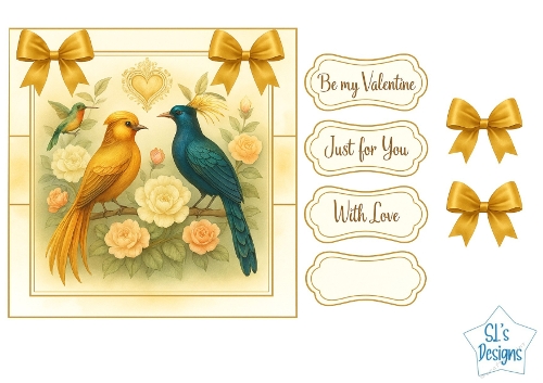 Golden Birds of Paradise Valentine Card Front with Sentiments and Elegant Bows