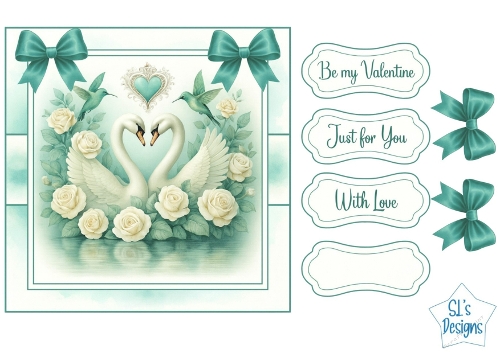Elegant Swans in Love Valentine Card Front with Teal Bows and Sentiments