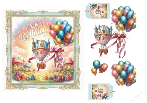 Magical Birthday Balloon Scene with Castle and Gifts