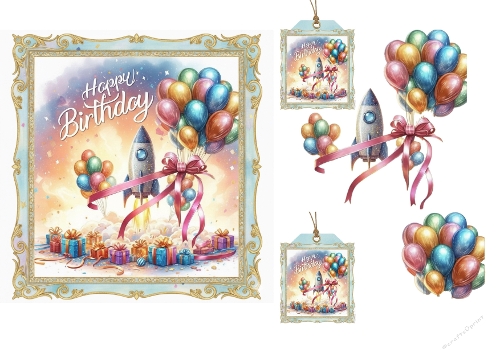 Birthday Rocket Blast with Balloons and Gifts