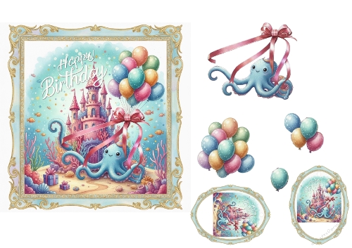  Underwater Birthday Octopus with Balloons and Castle