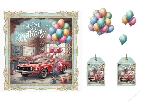 Classic Mustang Birthday Surprise with Balloons and Garage Scene