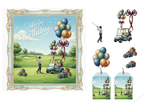 Birthday Golf Swing with Balloons, Cart and Gifts