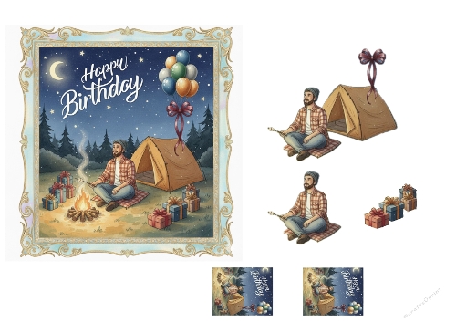 Birthday Campfire Celebration with Tent, Balloons and Gifts