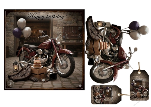 Vintage Motorcycle Birthday Scene with Balloons, Cake and Garage Decor