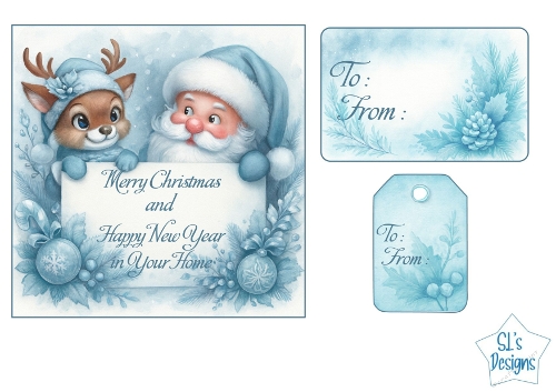 Blue Christmas Santa & Reindeer Clipart Set with Gift Tags – Winter Holiday Printable Greeting Card