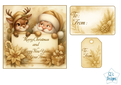Warm Gold Christmas Santa & Reindeer Printable Card with Matching Gift Tags – Holiday Craft Sheet