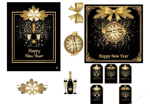 Elegant Black and Gold Happy New Year Collage Kit