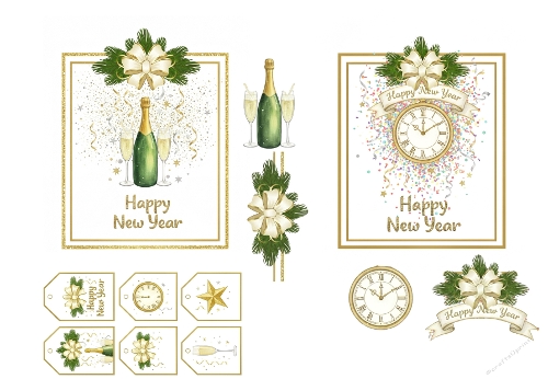 Festive Happy New Year Collage Kit with Champagne and Clock