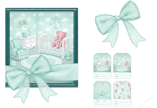 Mint Green Nursery Collage Kit – Baby Room with Teddy Bears and Tags