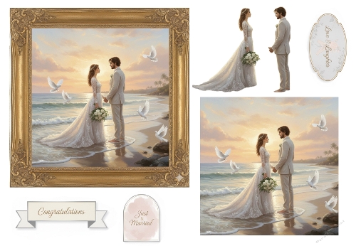 Romantic Beach Wedding Collage Kit – Sunset Ceremony & Just Married Tags