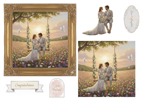 Romantic Swing Wedding Collage Kit – Sunset Field & Just Married Tags