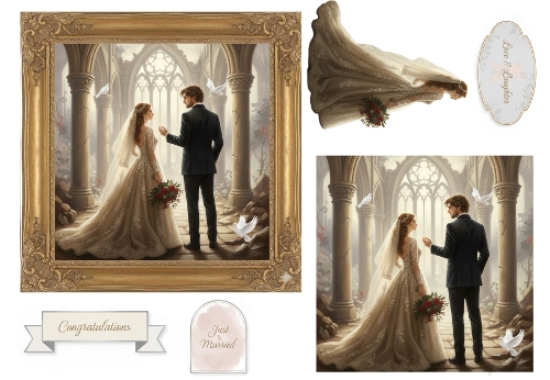 Cathedral Wedding Collage Kit – Elegant Bride & Groom with Just Married Tags