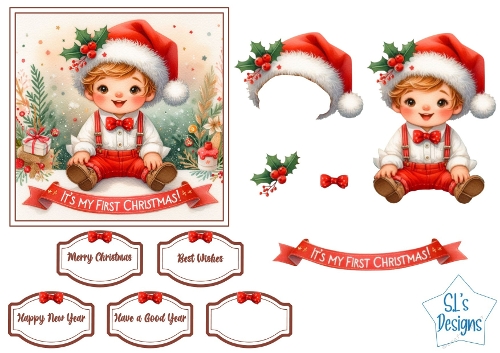 Babys First Christmas Clipart Set – Cute Boy with Santa Hat, Labels, Banners & Holiday Elements