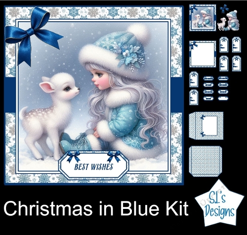 Christmas in Blue Card Making Kit – Winter Girl & Deer – Elegant Blue Holiday Papers, Tags & Toppers