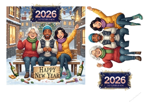 Festive New Year Celebration Scene with Friends – 2026 Winter Card Topper